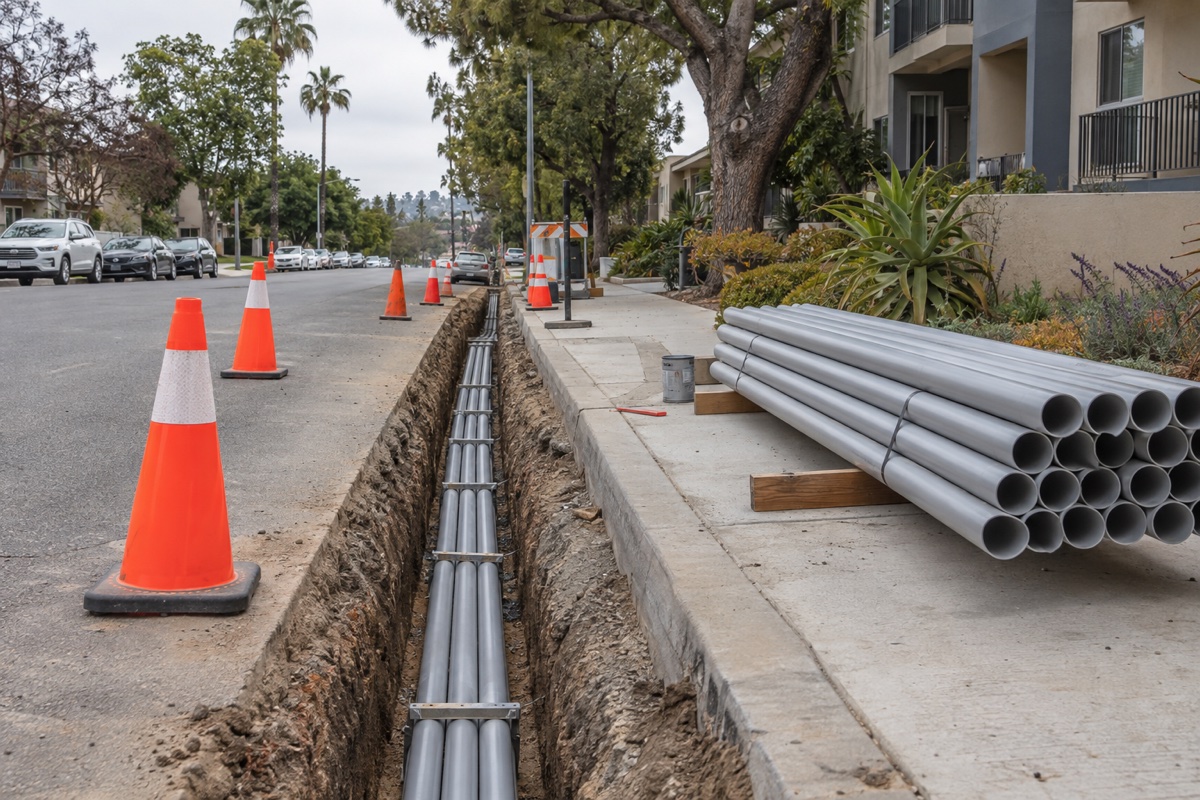 Utility conduit and a street trench beside an apartment building