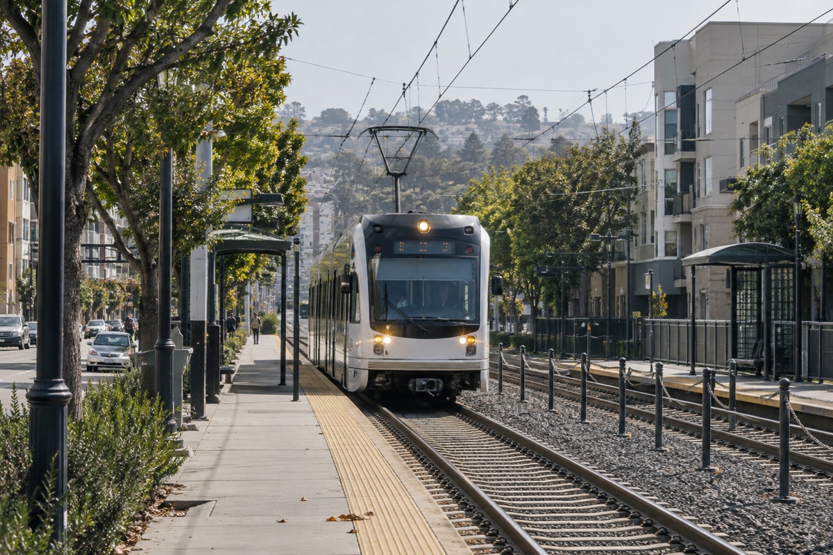 Light rail approaching a neighborhood station beside apartments